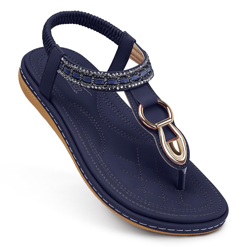 SHIBEVER Dressy Sandals for Women Comfortable: Summer Navy Blue Ladies Casual Bohemian Size 8.5 Flat - Comfort Elastic Strap Women Sandal - Image 4